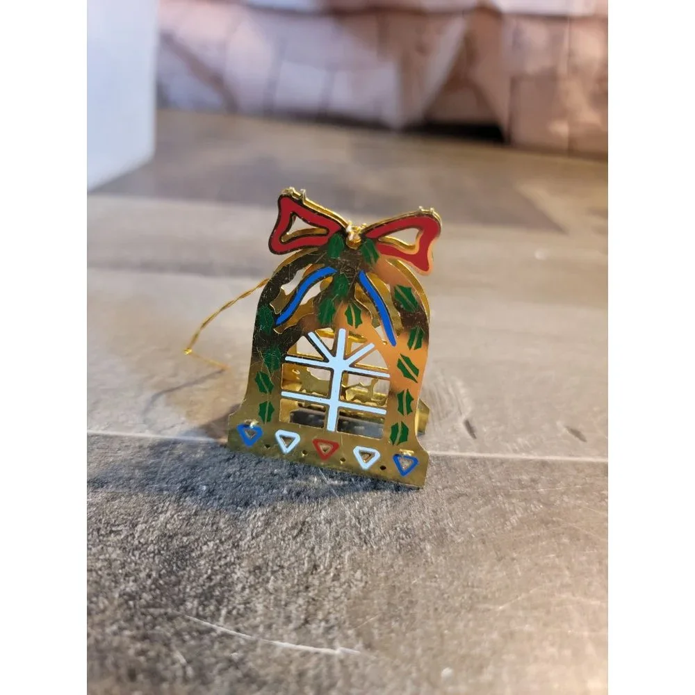 Vintage Golden tin bell Mistletoe horse sleigh ornament‎ Xmas tree home decor